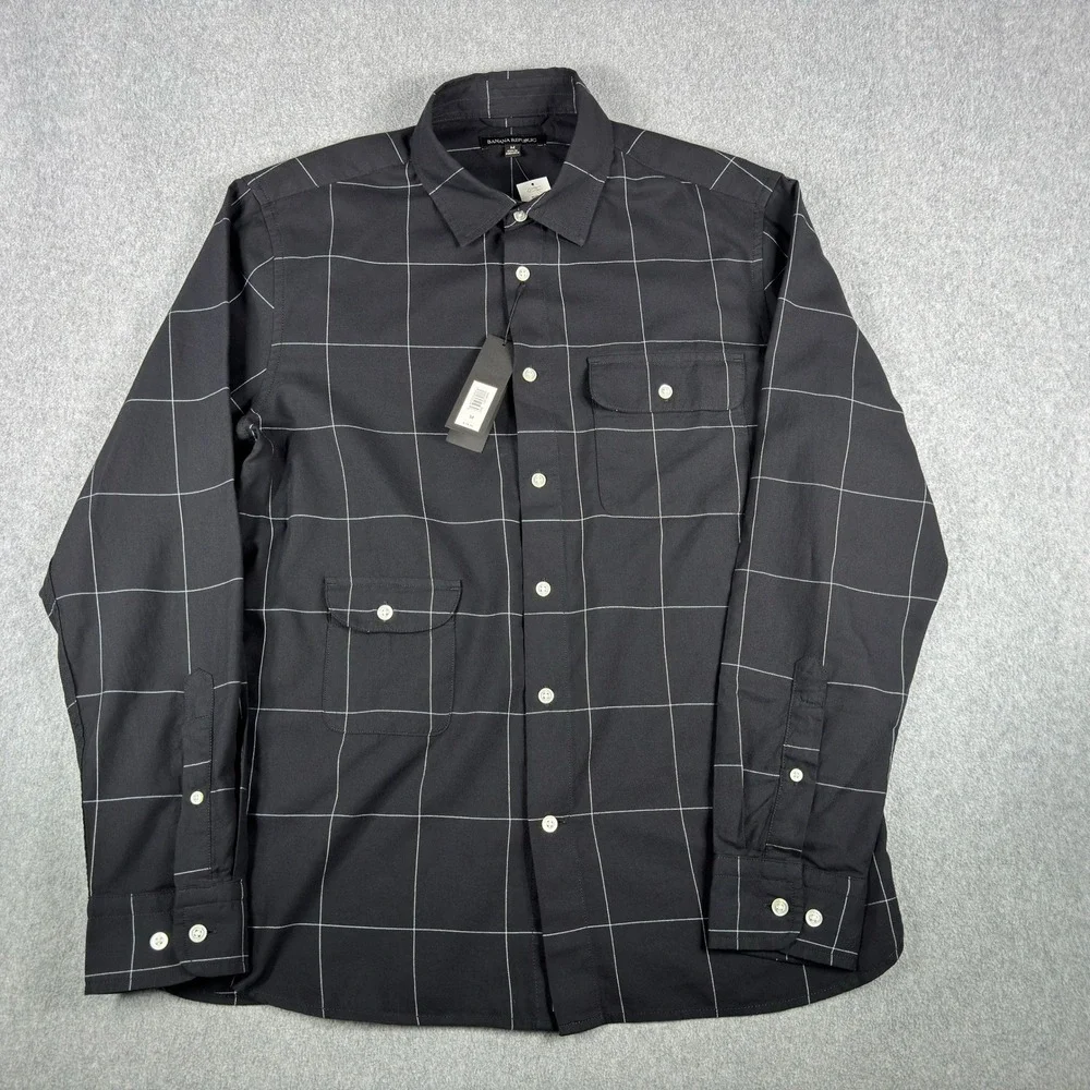Banana Republic Mens Stretch Black Check Shirt M Pocket Front Long Sleeve‎ NWT